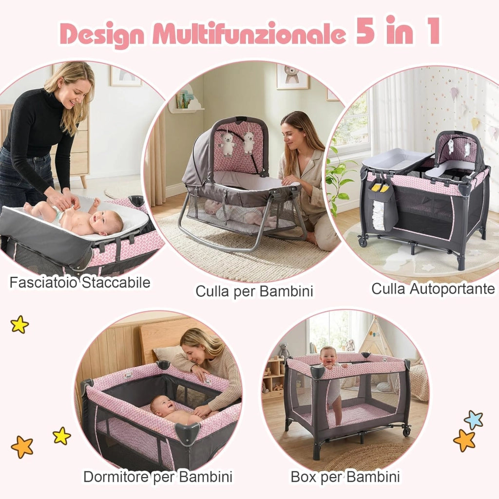 Culla Campeggio Bambini 5 in 1, Lettino Viaggio Neonati Pieghevole con Materasso, Fasciatoio e Tettoia, Box Portatile con Ruote, 2 Giocattoli Appesi e Carillon, per Bambini 0-3 Anni (Rosa)