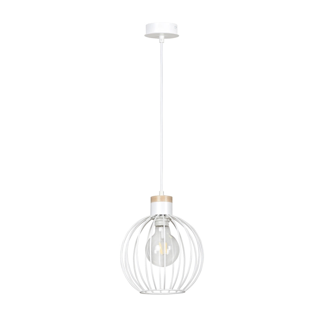 Sospensione 1 Luce Morgana Paralume A Gabbia In Acciaio Bianco E Legno Naturale