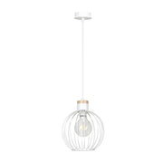 Sospensione 1 Luce Morgana Paralume A Gabbia In Acciaio Bianco E Legno Naturale