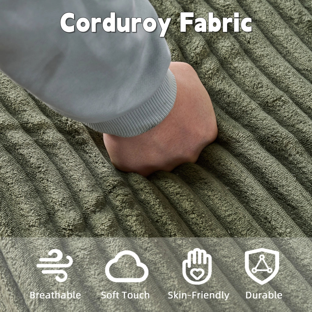 Divano angolare convertibile senza struttura con cuscini e portabicchieri in velluto a coste verde 165 × 112 × 63 cm