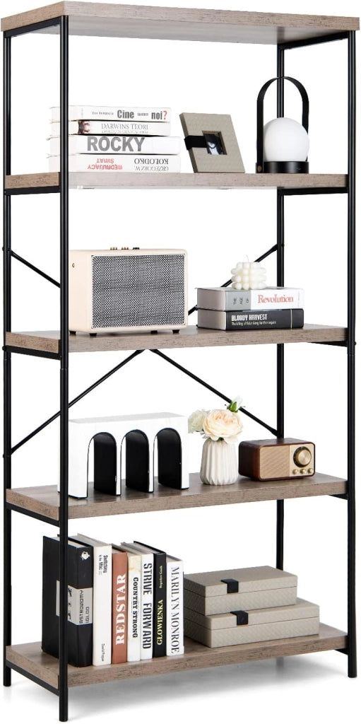 Libreria a 5 Piani, Scaffale Industriale in Legno con Struttura in Metallo, Aste di Sostegno a X Dispositivo Antiribaltamento, per Soggiorno Ufficio, 79x35x160 cm (Marrone)