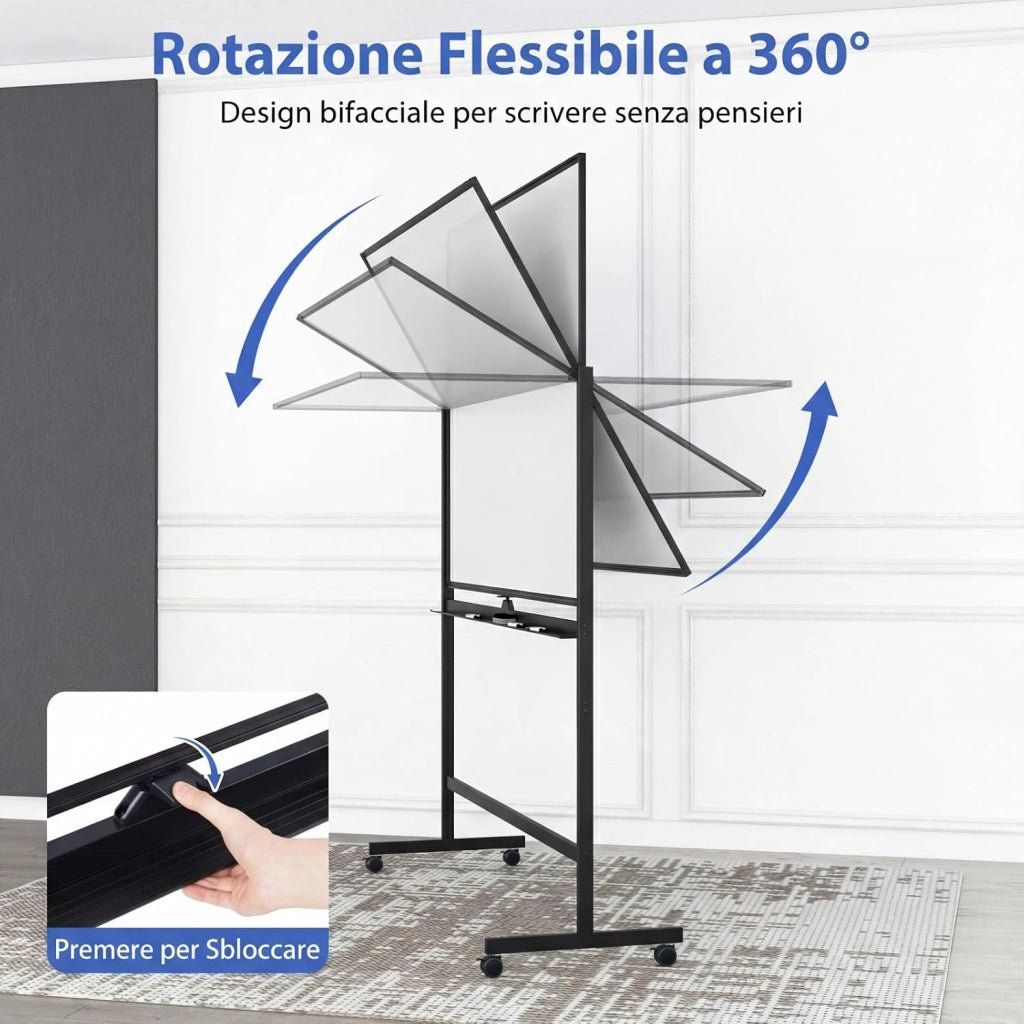 Lavagna Bianca Mobile, Lavagna Magnetica Cancellabile Doppia Faccia con Cavalletto, 2 Altezze Regolabili e Ruote Bloccabili (156 x 54 x 175/195 cm,Nero)