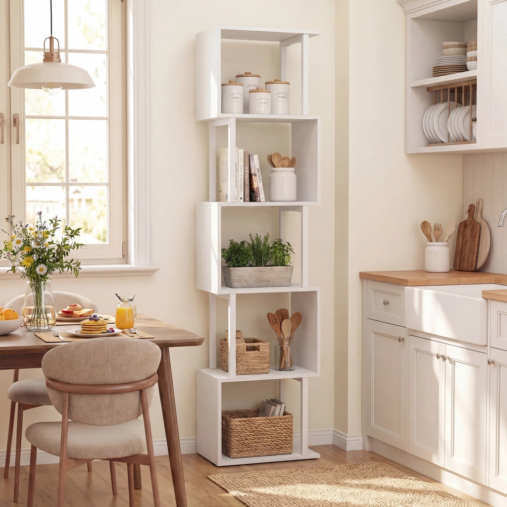 Libreria a 5 livelli in legno con struttura in metallo e 5 scomparti geometrici, Mobile portaoggetti salvaspazio per camera soggiorno ufficio Bianco