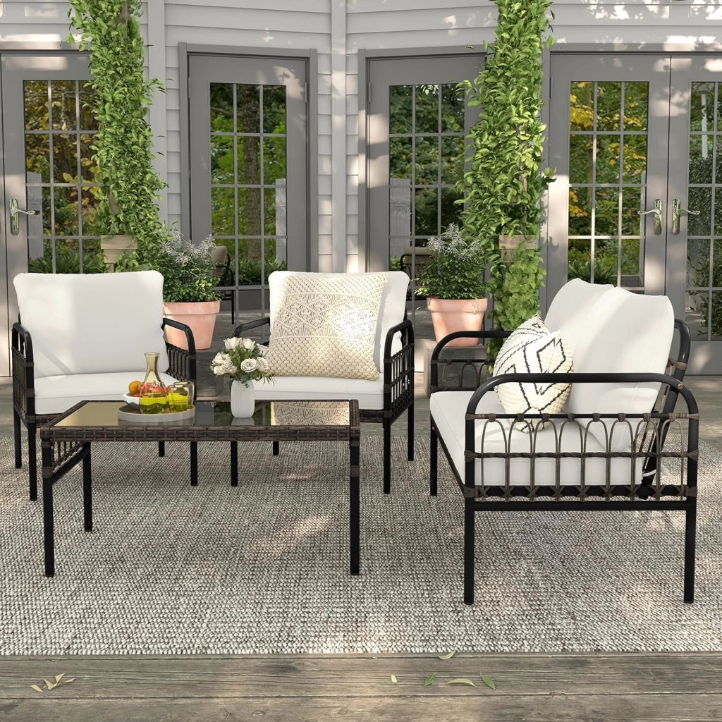 Set di mobili da giardino per esterni, set di mobili da giardino, in rattan, per 4 persone, tavolo 2 sedie, con cuscino, per balcone, piccolo balcone, set da giardino