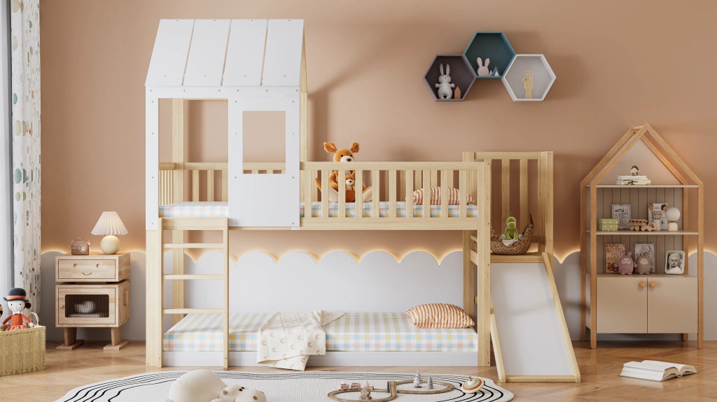 Letto a castello con scivolo e tetto naturale e bianco legno di pino 90x200 cm