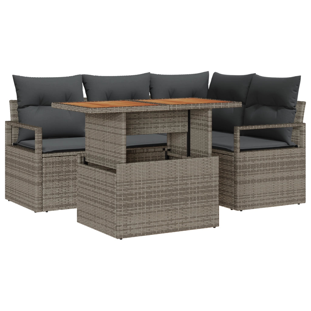 Set Divano da Giardino 5 Pezzi con Cuscini Grigi in Vimini e Acacia