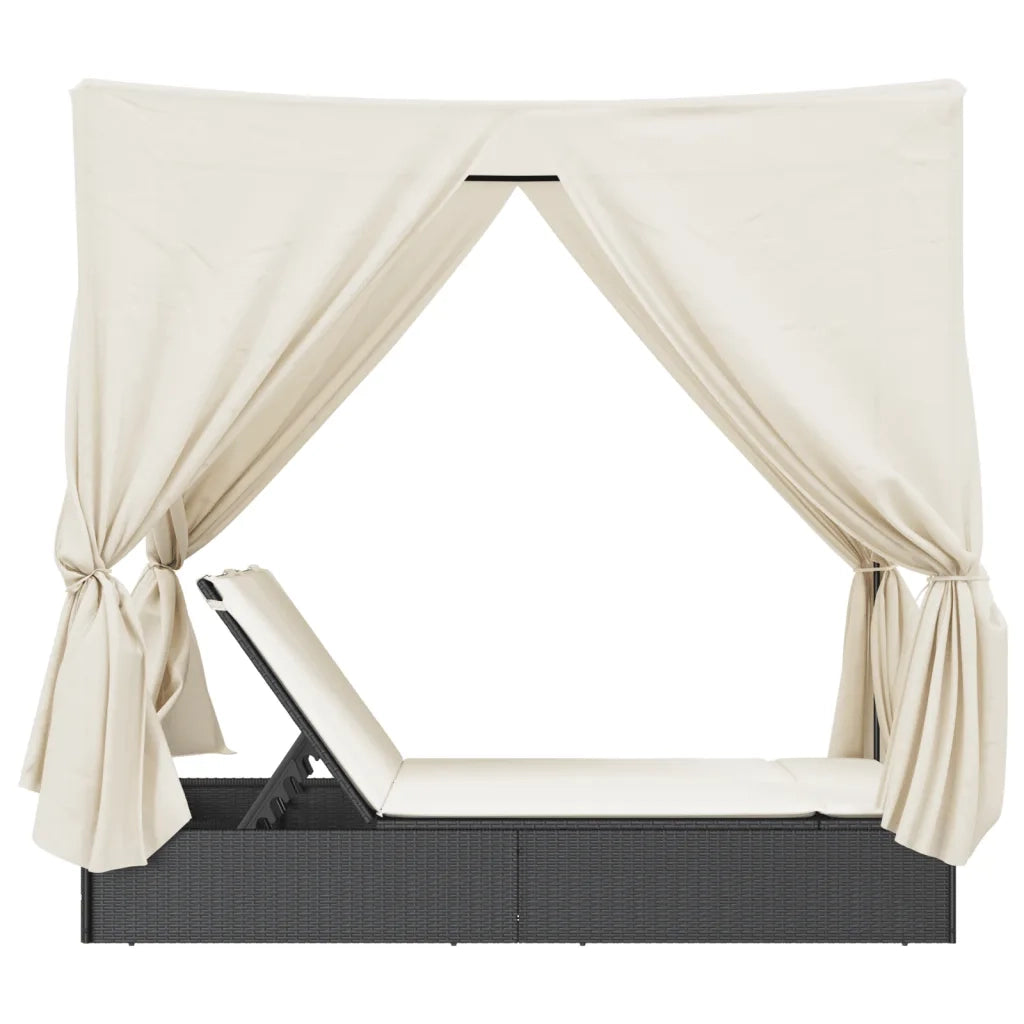 Lettino Prendisole con Tetto e Tende Nero in Polyrattan 368072