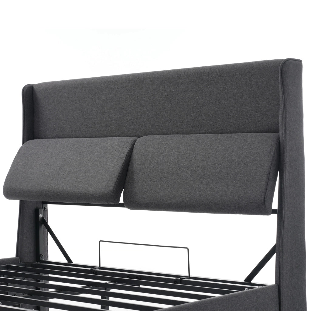 Letto imbottito 145x217x113 cm con testiera regolabile e contenitore idraulico in lino grigio