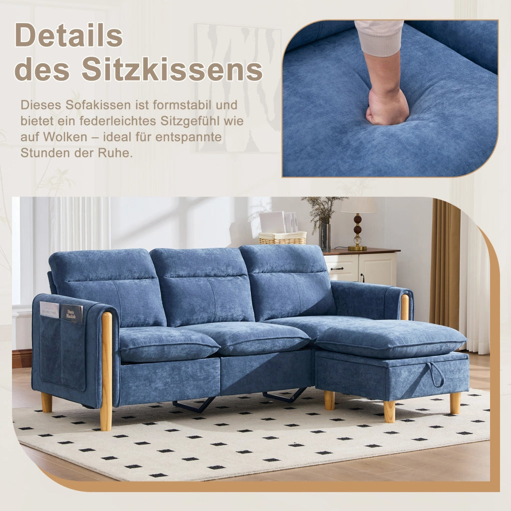 Divano angolare reversibile in chenille con pouf contenitore e tasche laterali in legno massello blu