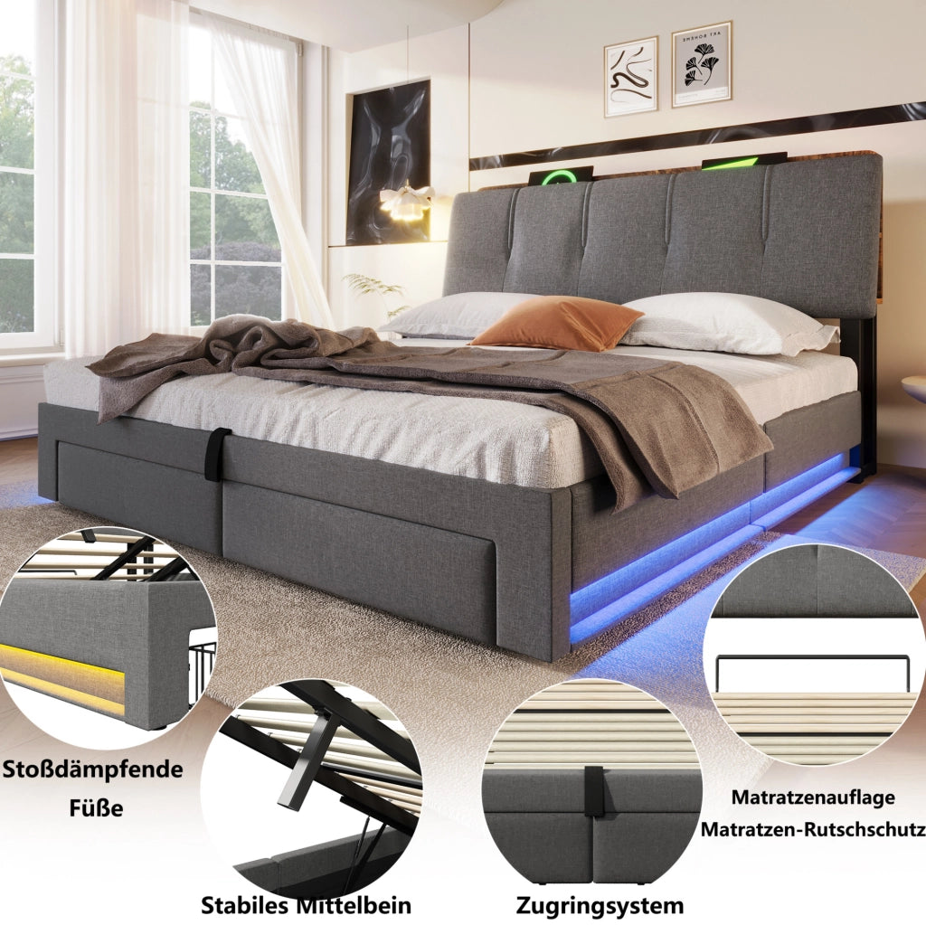 Letto contenitore idraulico 140x200 cm con USB Type-C; LED e lino grigio