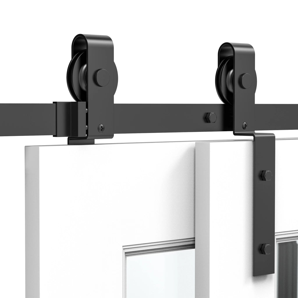 Sistema di scorrimento per porta in legno, binario per 2 ante, acciaio nero, portata 90 kg