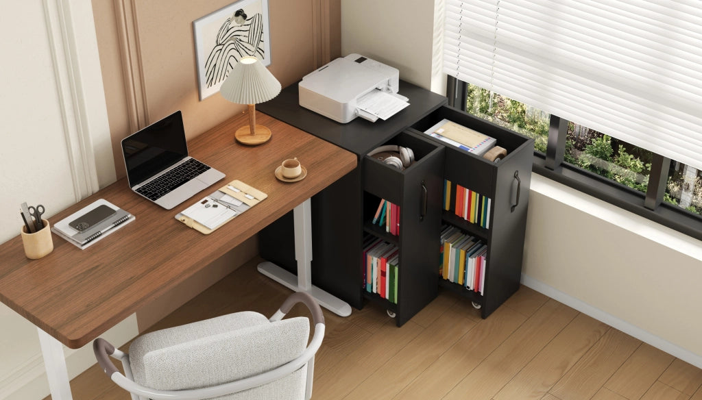 Libreria su ruote 52x50x75 cm nera， contenitore modulare per ufficio