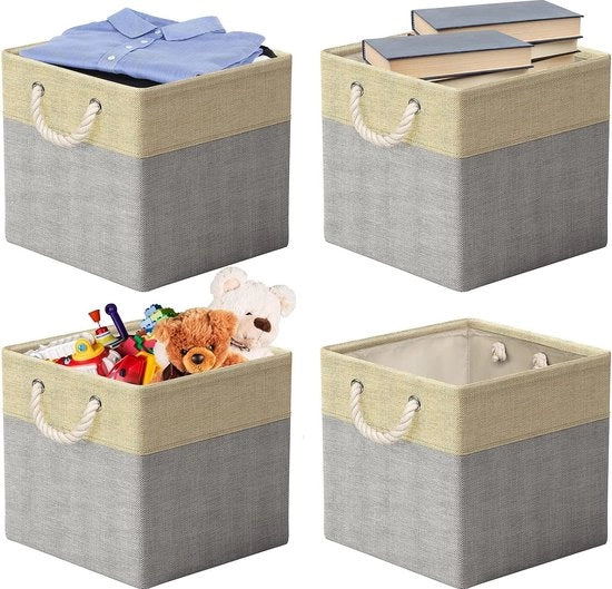 Scatola di archiviazione, tessuto, 30 x 30 cm, 4 pezzi, scatola di archiviazione pieghevole per tessuto, ideale per pannelli Kallax, camera da letto, camera dei bambini - (beige/grigio)
