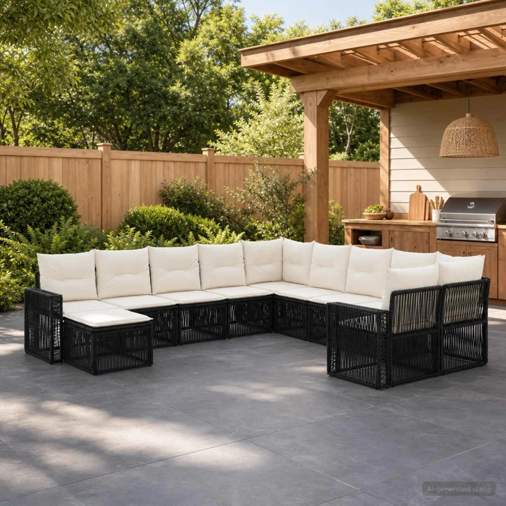 Set Divano da Giardino 11 pz Nero e Bianco Crema polyrattan 3435322