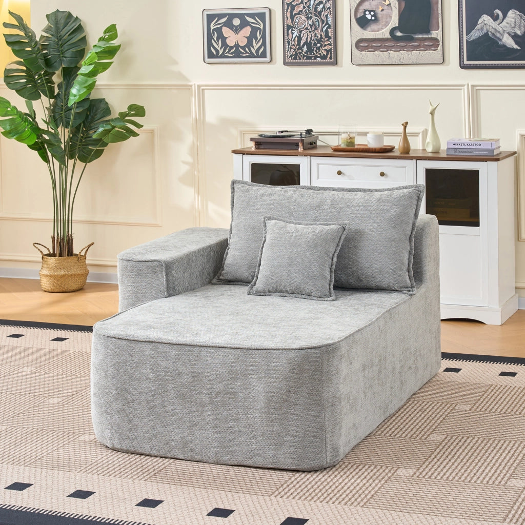 Chaise Longue 1 Posto Senza Montaggio con Cuscino e Tasche Laterali Comfort Morbido Design Moderno in Ciniglia Grigio