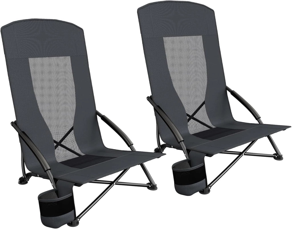 Sedia da spiaggia pieghevole, set da 2 pezzi, schienale alto, sedia da campeggio, sedia da spiaggia bassa con borsa per il trasporto, supporto per bevande, tessuto a rete traspirante, per