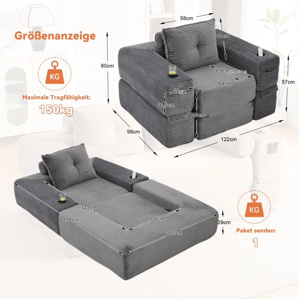 Divano convertibile in corduroy con tasche laterali e portabicchieri schienale in memory foam grigio scuro 122 × 98 × 80 cm