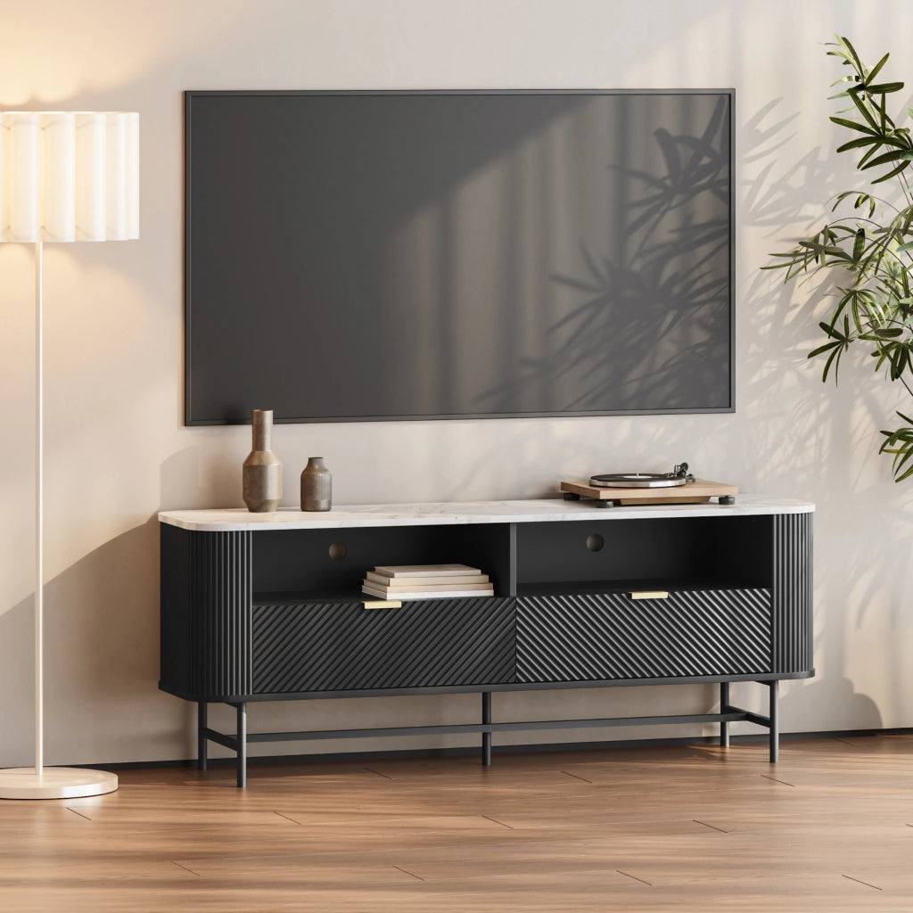 Mobile Porta TV Olvehok con Cassetti e Scomparti Aperti 140x40x55cm Nero / Effetto Marmo Bianco [en.casa]