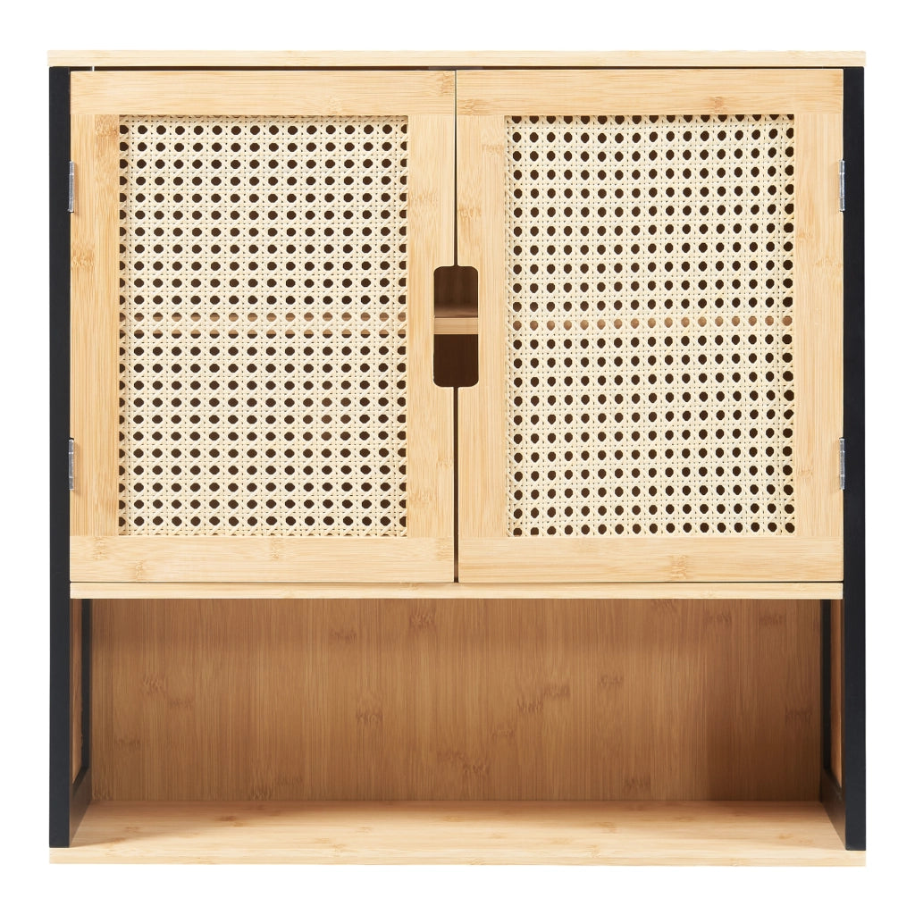 Armadio da Parete Tervola per Bagno in Bambù - Nero / Naturale / Effetto Rattan [en.casa]