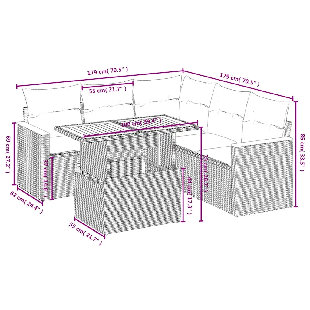 Set Divano da Giardino 6 pz con Cuscini Beige in Polyrattan