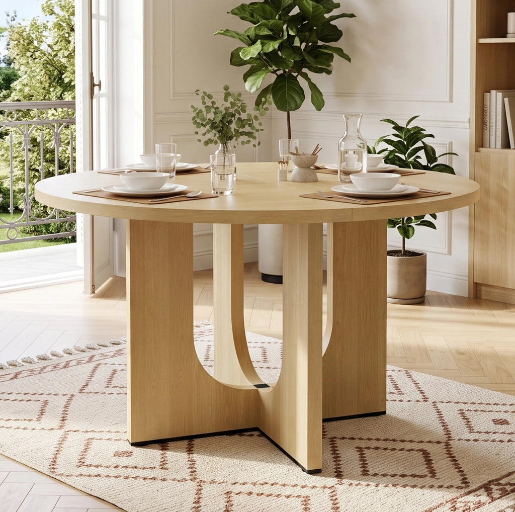 Tavolo da pranzo rotondo 120 cm per 4-6 persone; design scandinavo in MDF; rovere