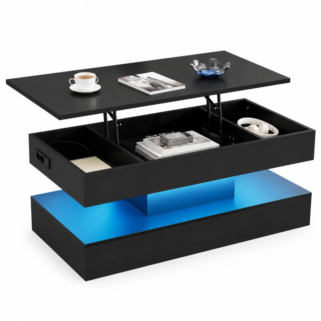Tavolino da caffè sollevabile con LED, vano nascosto e prese EU, 100 x 50 x 42 cm, nero