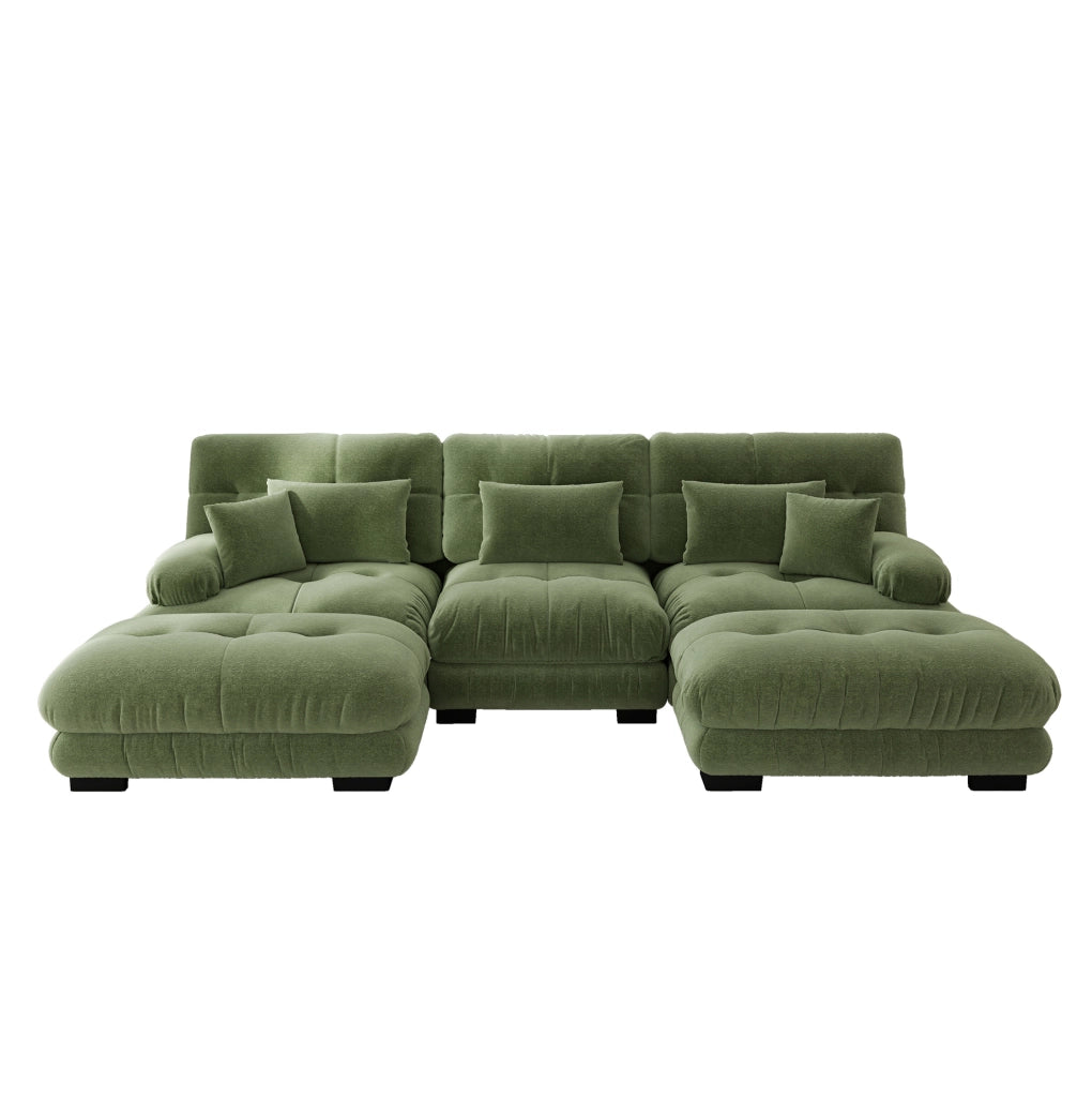 Divano modulare con ottomane mobili in chenille verde; configurazione a U o angolare