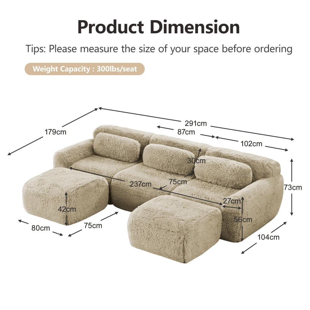 Divano Modulare a U 2-4 Posti senza Montaggio con Cuscini Base Antiscivolo Comfort Nuvola in Peluche Cachi Chiaro
