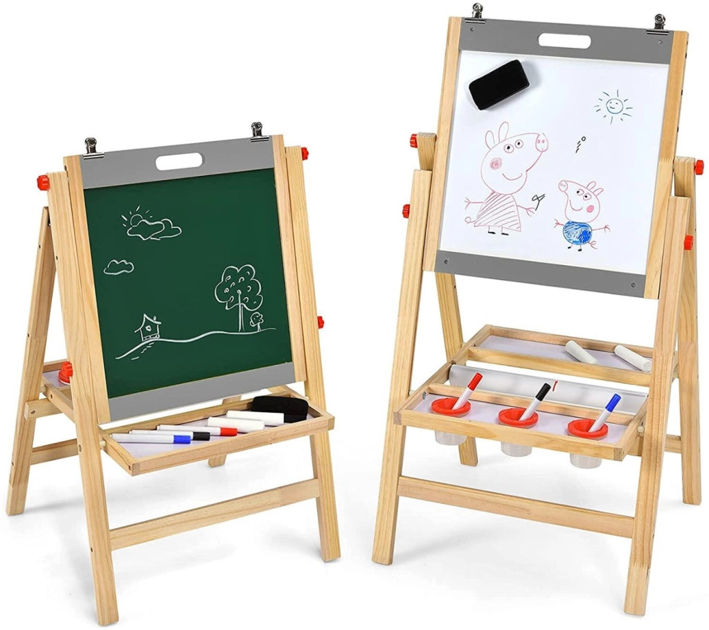 Cavalletto 3 in 1 pieghevole per bambini con altezza regolabile e vassoio, Cavalletto artistico di legno Grigio-Cavalletti e lavagne bambini