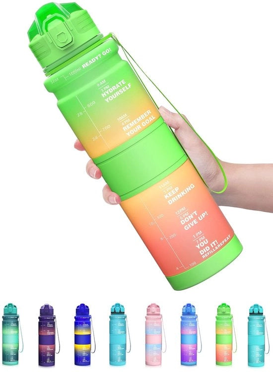 Bottiglia da 1 litro con marcature orarie - BPA libero - Imprigionato - Bevanda sportiva - Ideale per fitness - Flacone sportivo