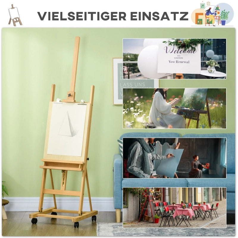 Cavalletto da artista, regolabile in altezza, con 4 ruote, colore naturale + nero