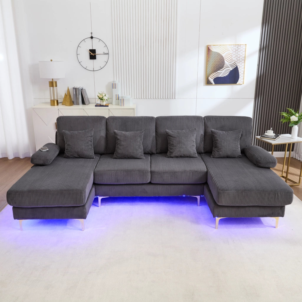Divano Panoramico a U con LED e Porta USB; Cuscini Inclusi; Schienale Ergonomico; Struttura in Legno; in Velluto Grigio