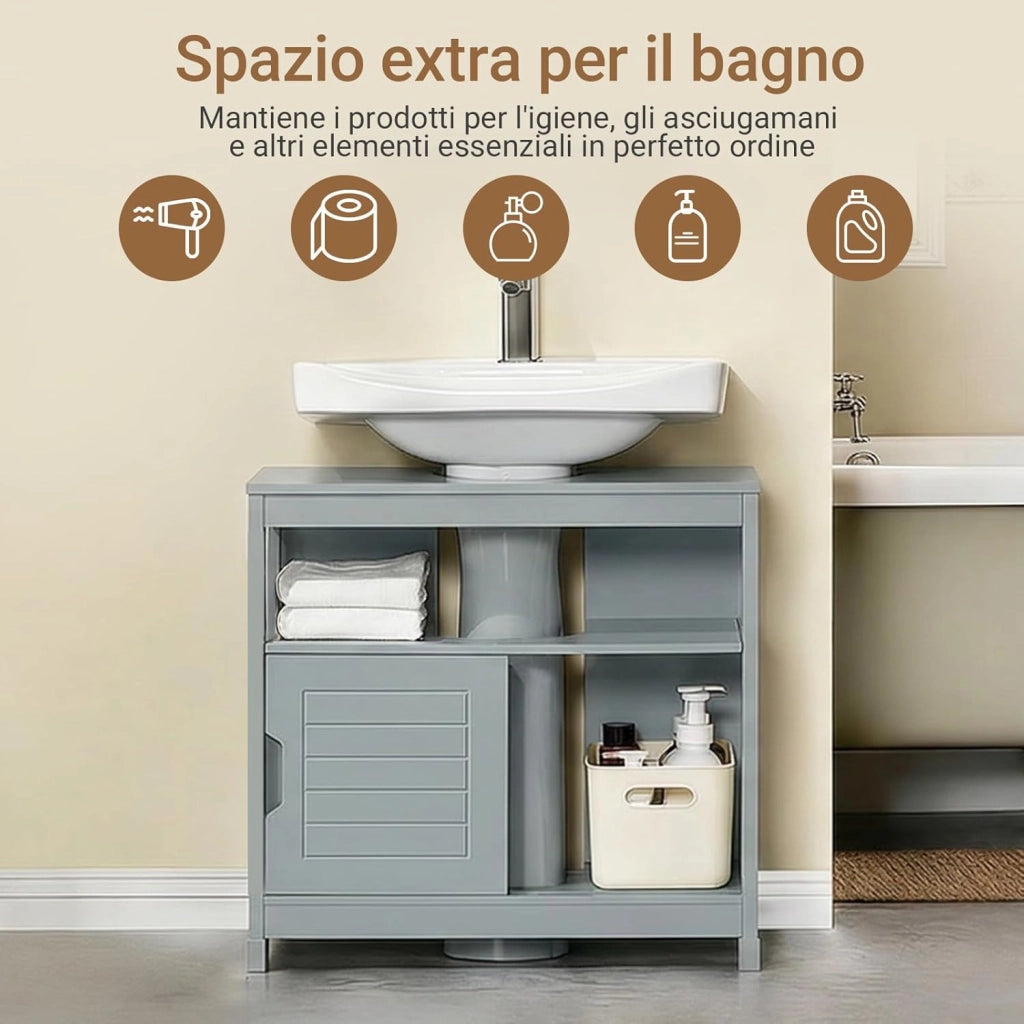 Mobile Bagno Sottolavabo Salvaspazio - Armadietto con 2 Ante Scorrevoli e Ripiano Aperto - Mobiletto Lavandino Compatto per Bagno Moderno Piccolo - Grigio, 60x30x60cm, FRG128-II-SG