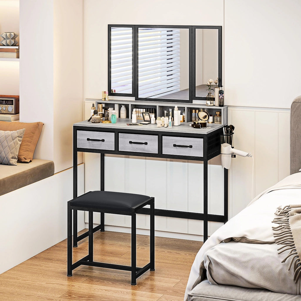 Cassettiera da trucco con specchio trittico e sgabello ¨C zephmum ¨C grigio tessuto 3 cassetti