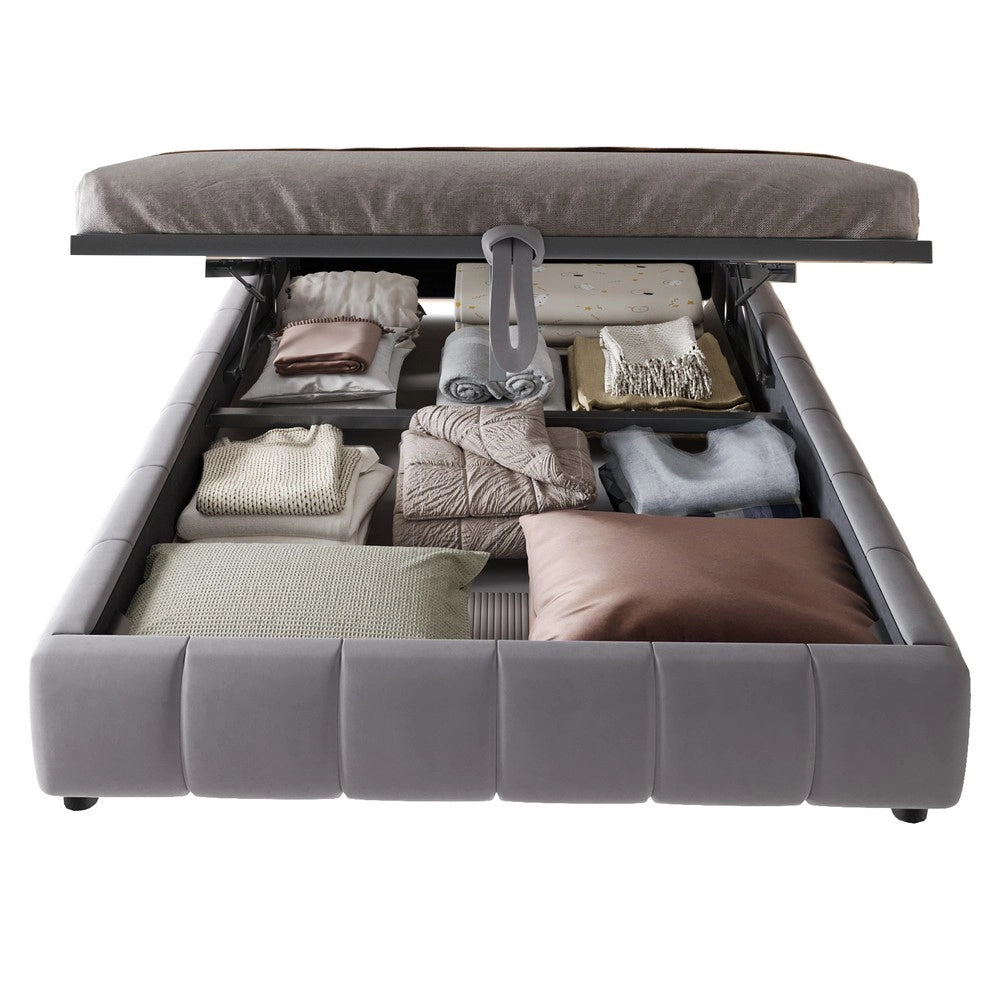 Letto Imbottito Contenitore con LED ¨C MINIMAL ¨C Grigio 140x200, Senza Testiera, Idraulico