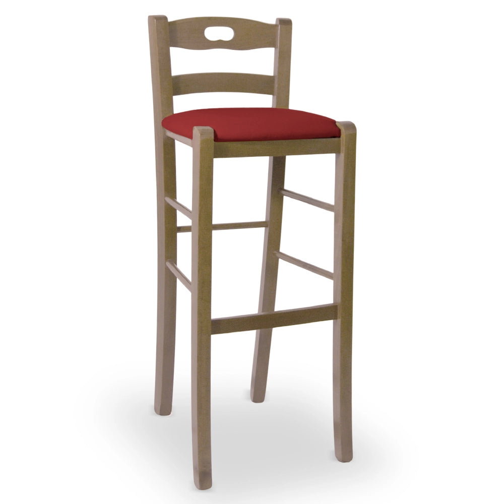 Sgabello h80 in legno noce chiaro con manico e seduta imbottita similpelle rosso