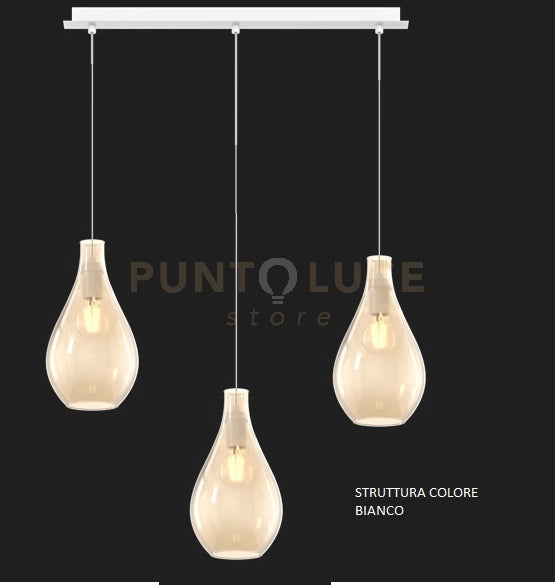 SOSPENSIONE BIANCO 3 LUCI RETTANGOLARE VETRI (1 MEDIO+2 PICCOLI) TUTTI AMBRA 1193BI-S3 RPM-AM