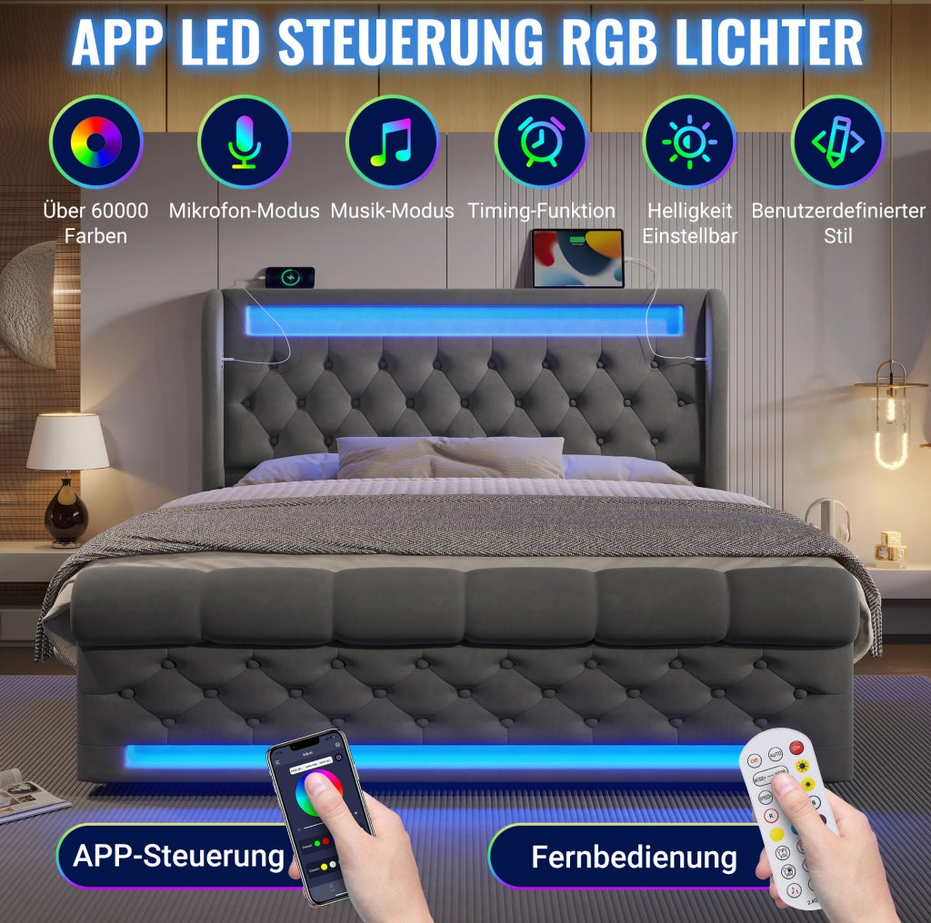 Letto matrimoniale imbottito 140x200 cm LED USB-C grigio con materasso