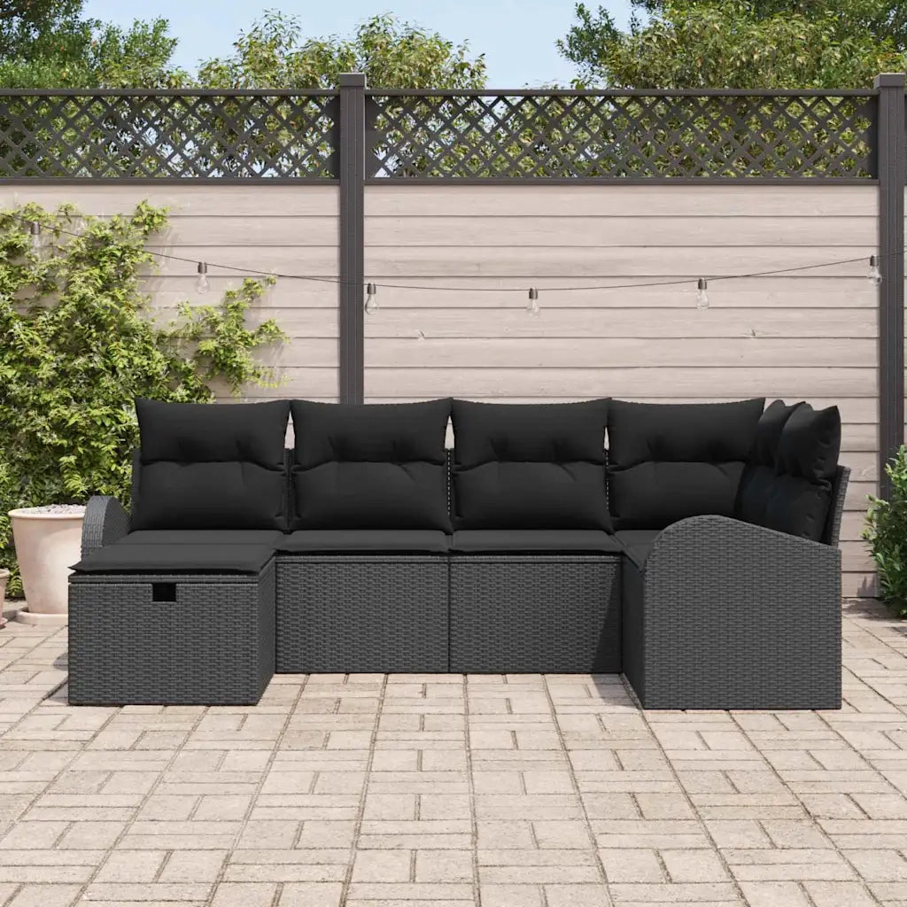Set di divani con cuscino con archiviazione Nero polyrattan