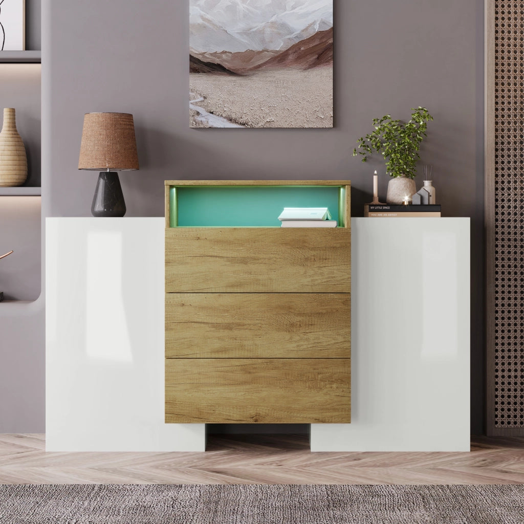 OKWISH Credenza Contenitore con 2 Ante 3 Cassetti 2 Ripiani e 1 Vano, LED, per Soggiorno, MDF, 140 x 30 x 77.5 cm