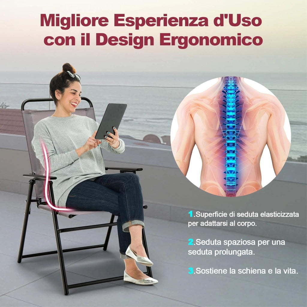Set di 2 Sedie Pieghevoli da Esterno, Sedie da Pranzo Salvaspazio per Patio con Braccioli e Schienale, Telaio Triangolare, Piedini di Supporto, Sedie da Giardino Portata 150 kg