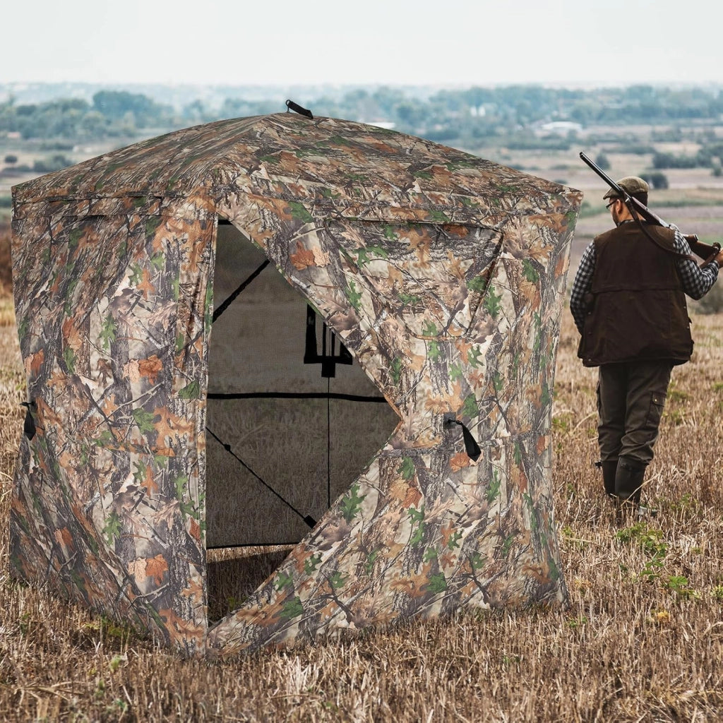Tenda da Caccia per 2-3 Persone, Tenda Mimetica a 270° per Caccia, Tenda Pop-Up Camouflage con Porta Magnetica Silenziosa, 4 Finestre e Borsa da Trasporto, 146 x 146 x 170 cm