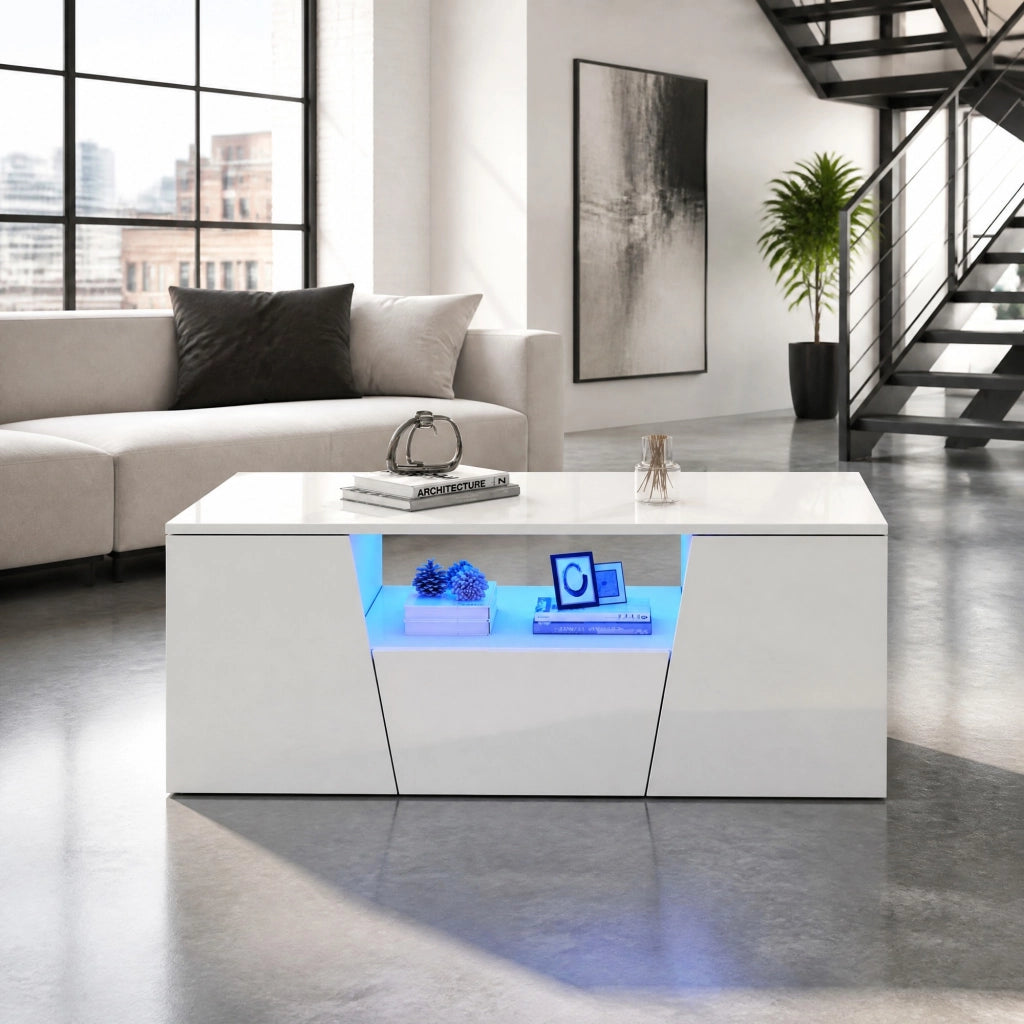 Tavolino da caffè 100 x 50 x 40 cm in truciolare bianco con LED e 2 armadietti