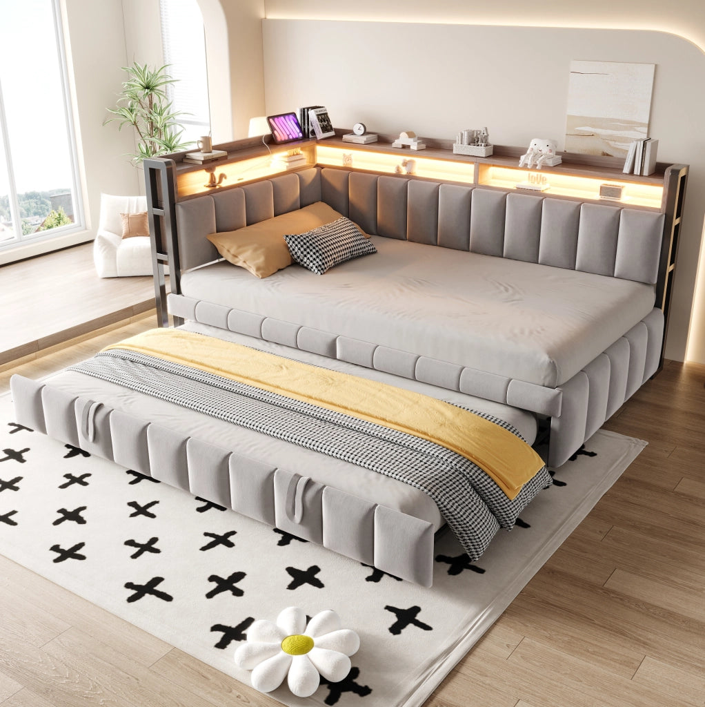 Divano letto con letto estraibile; LED; porte USB e Type-C; 90x200 cm; grigio
