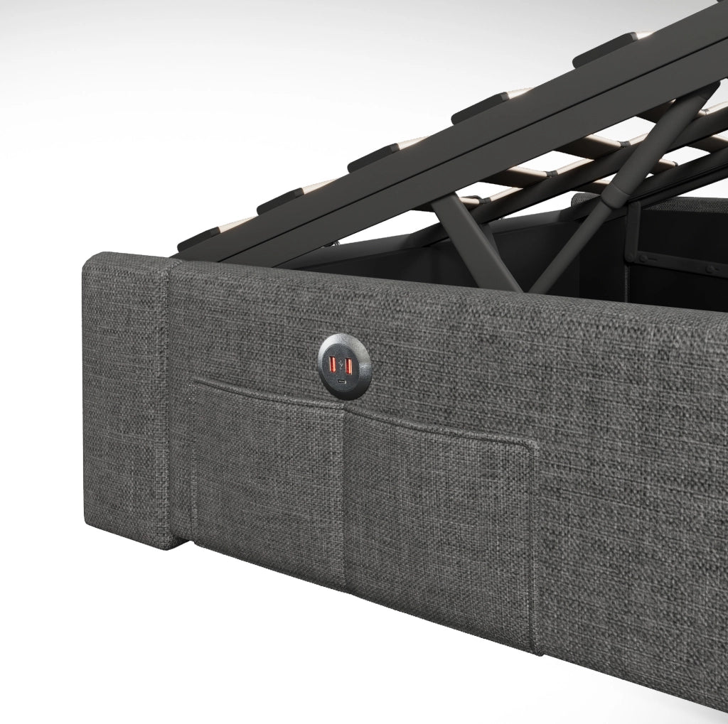 Letto imbottito 140x200 cm con LED, USB/Type-C e contenitore
