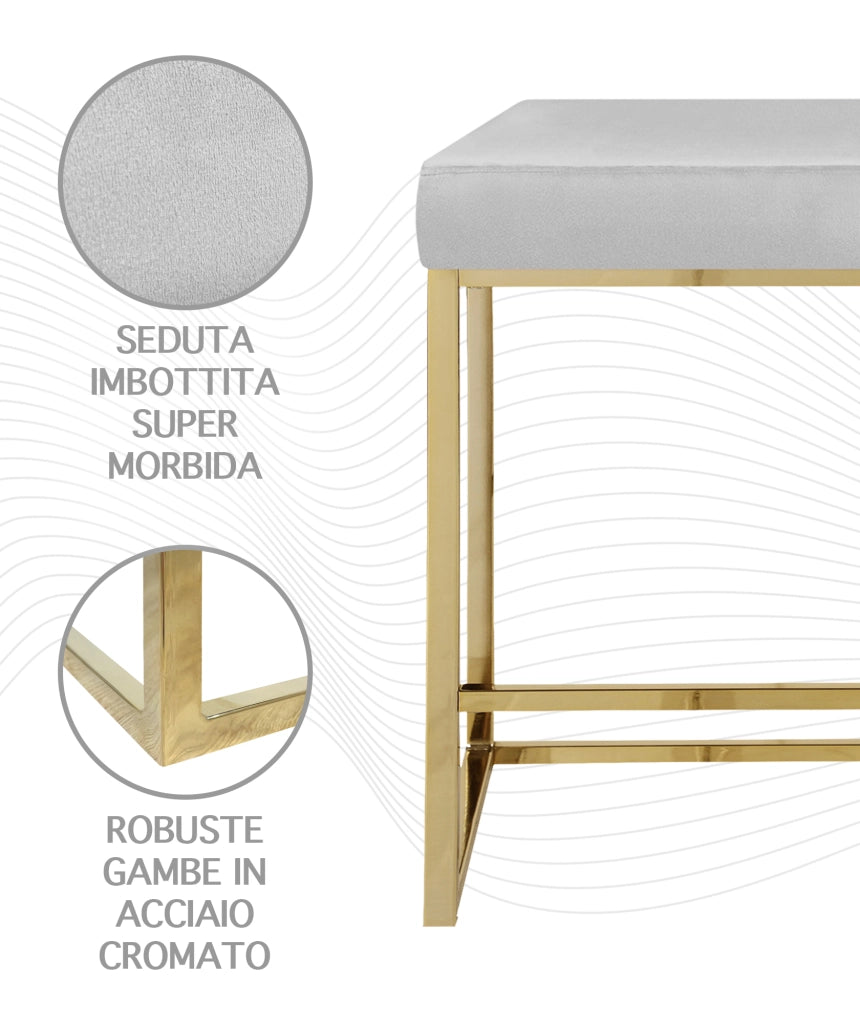Sgabello Moderno In Velluto Sedile imbottito Gambe In Acciaio Dorato Senza Schienale Casa Sedia Cucina Bar Pub Seduta Rialzata Di Design - Grigio chiaro