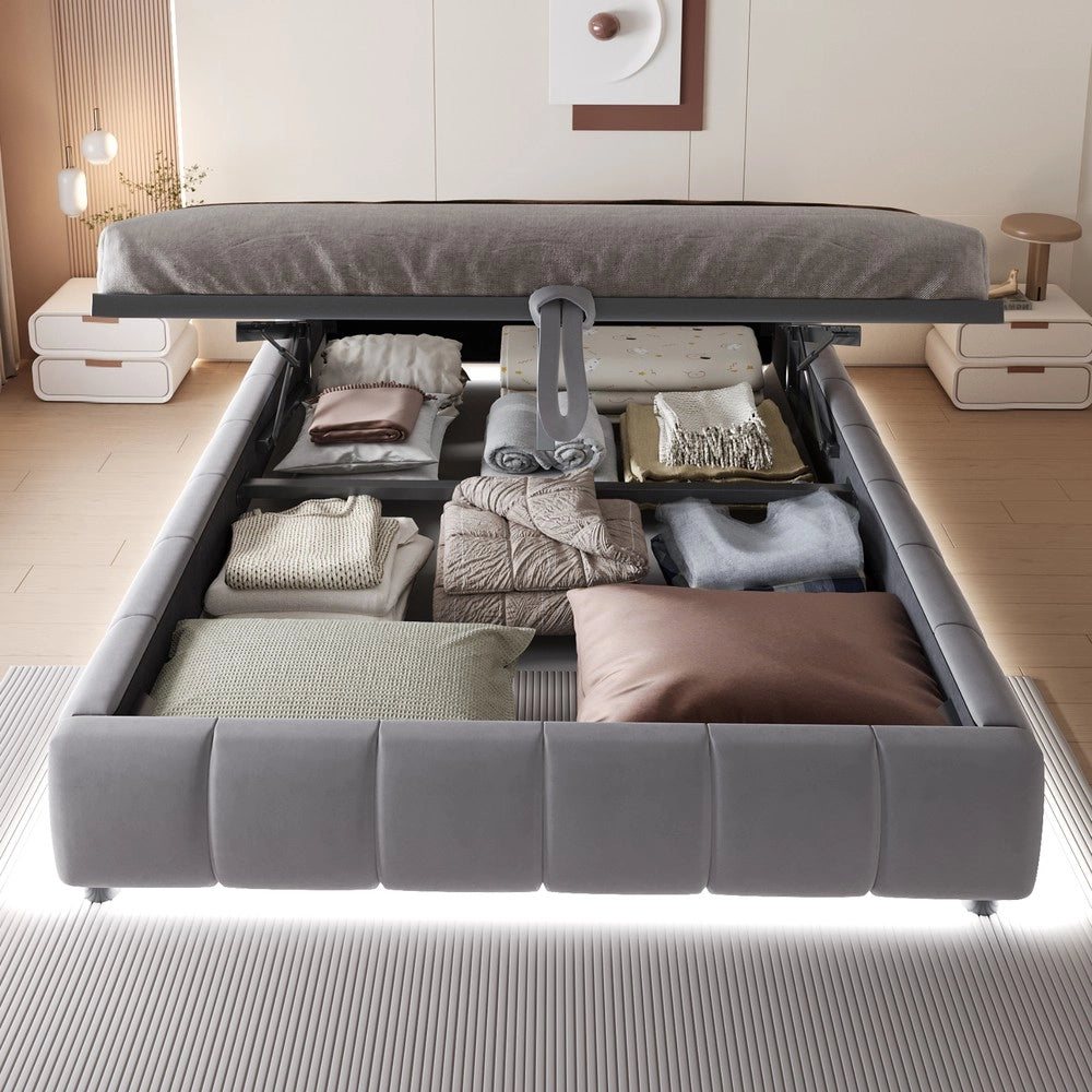 Letto Imbottito Contenitore con LED ¨C MINIMAL ¨C Grigio 140x200, Senza Testiera, Idraulico