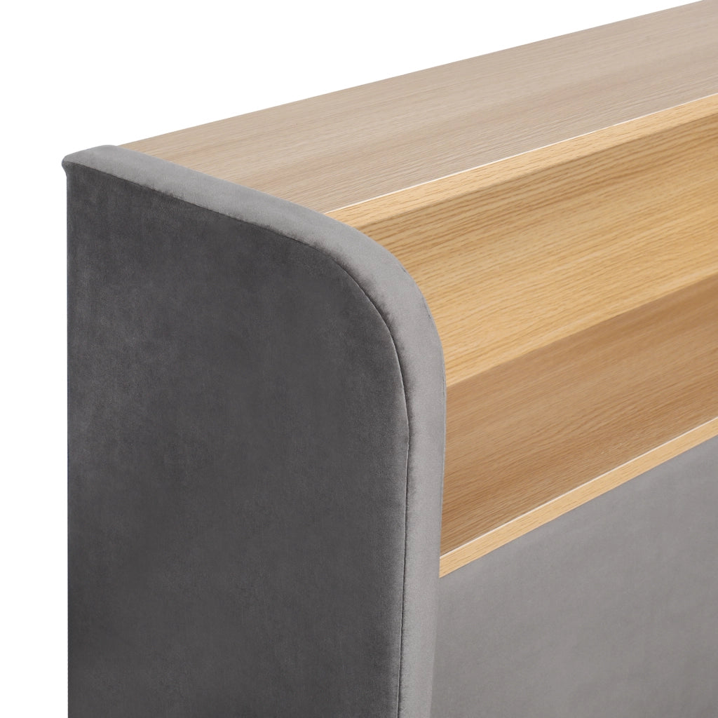 Letto da giorno imbottito 140x200 cm in velluto grigio con contenitore idraulico, LED, USB e vani portaoggetti