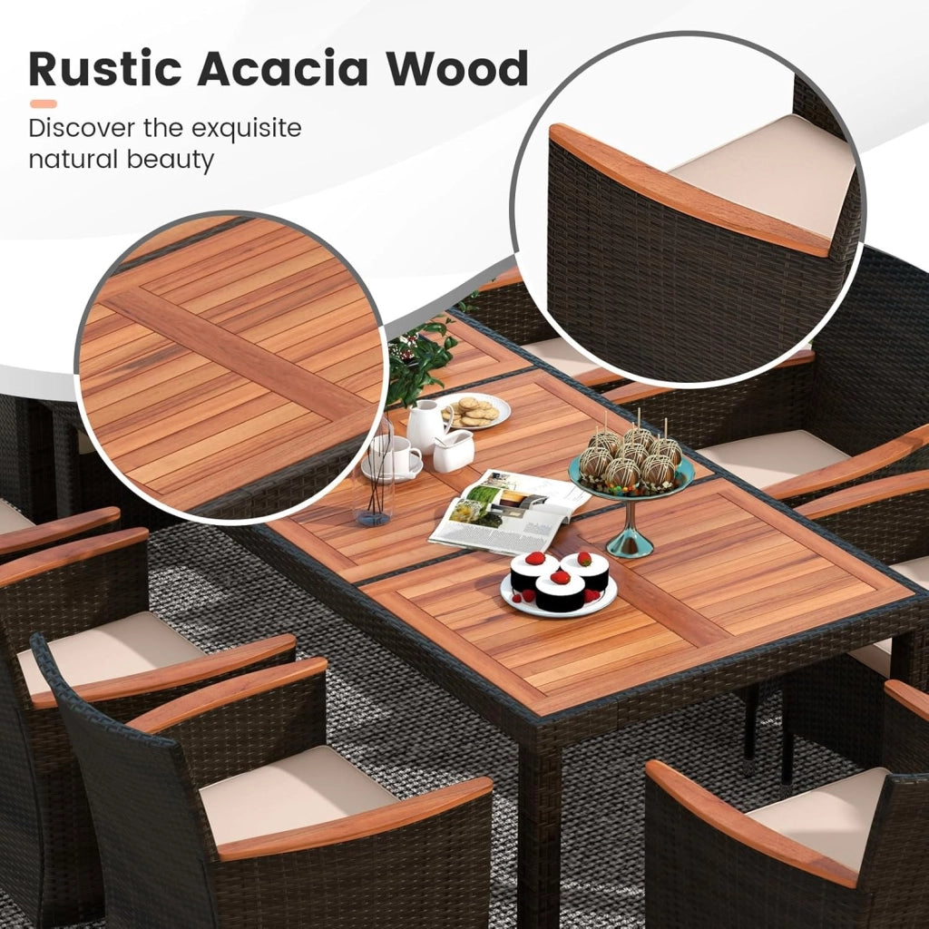Tavolo e Sedie da Pranzo in PE Rattan, Set di Mobili in Rattan, Set di Mobili Composto da 9 Pezzi, con 8 Sedie e 1 Tavolo, Piano del Tavolo in Acacia, per Interno e Esterno