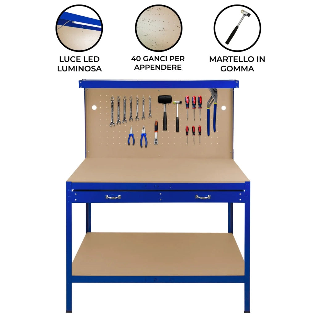 Banco da lavoro con cassetti multiuso da 120 cm con luce LED ripiani e opzioni di stoccaggio intelligenti per garage, officine e magazzini - Capacità di carico 200 kg - Blu